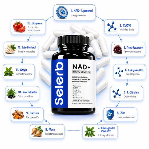 NAD+ Men Complex® Recupera tu energía, potencia y vitalidad masculina. Apoya el bienestar prostático.