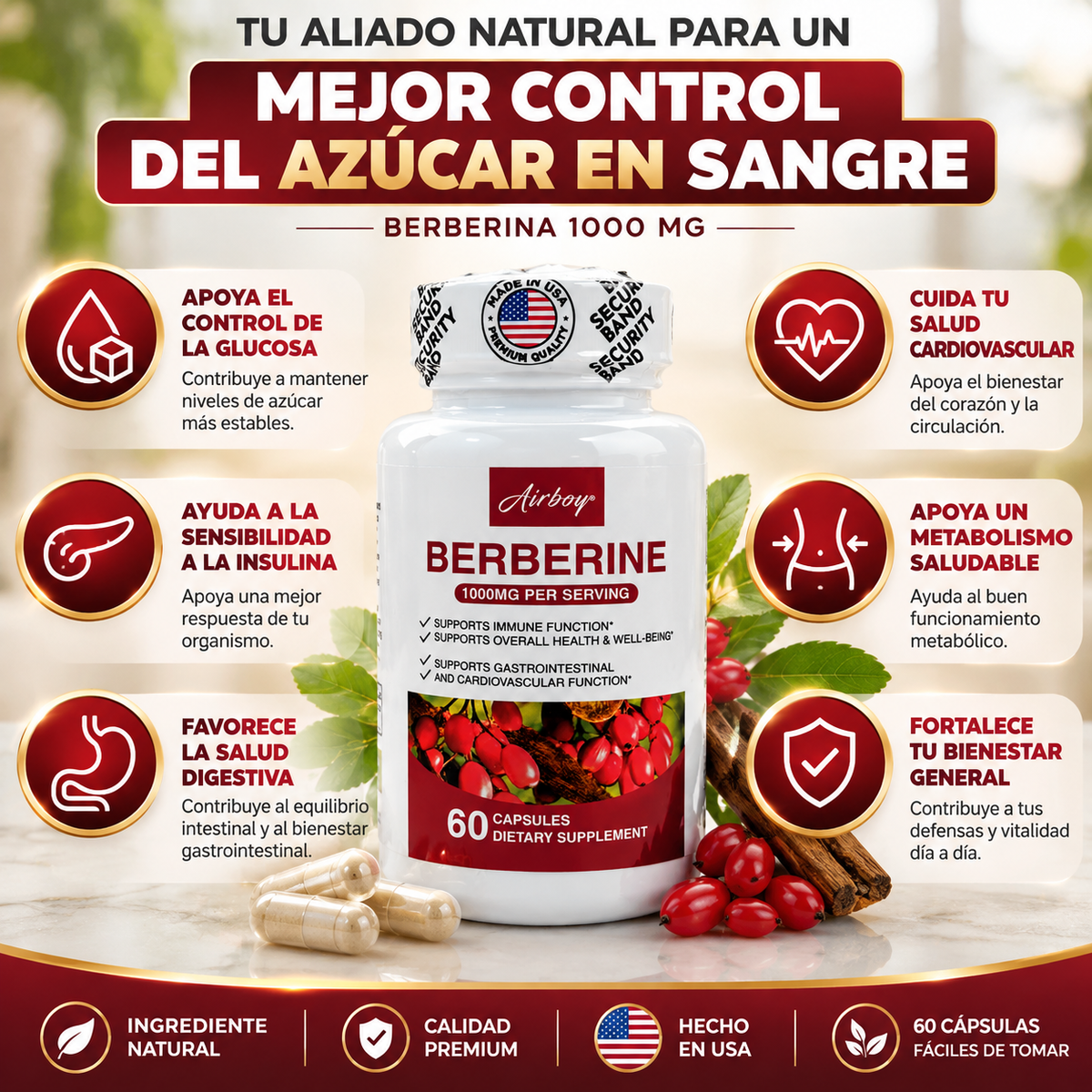 BERBERINA GLUCOBALANCE™ CUIDÁ TU AZÚCAR. CUIDÁ TU BIENESTAR. 60 cápsulas