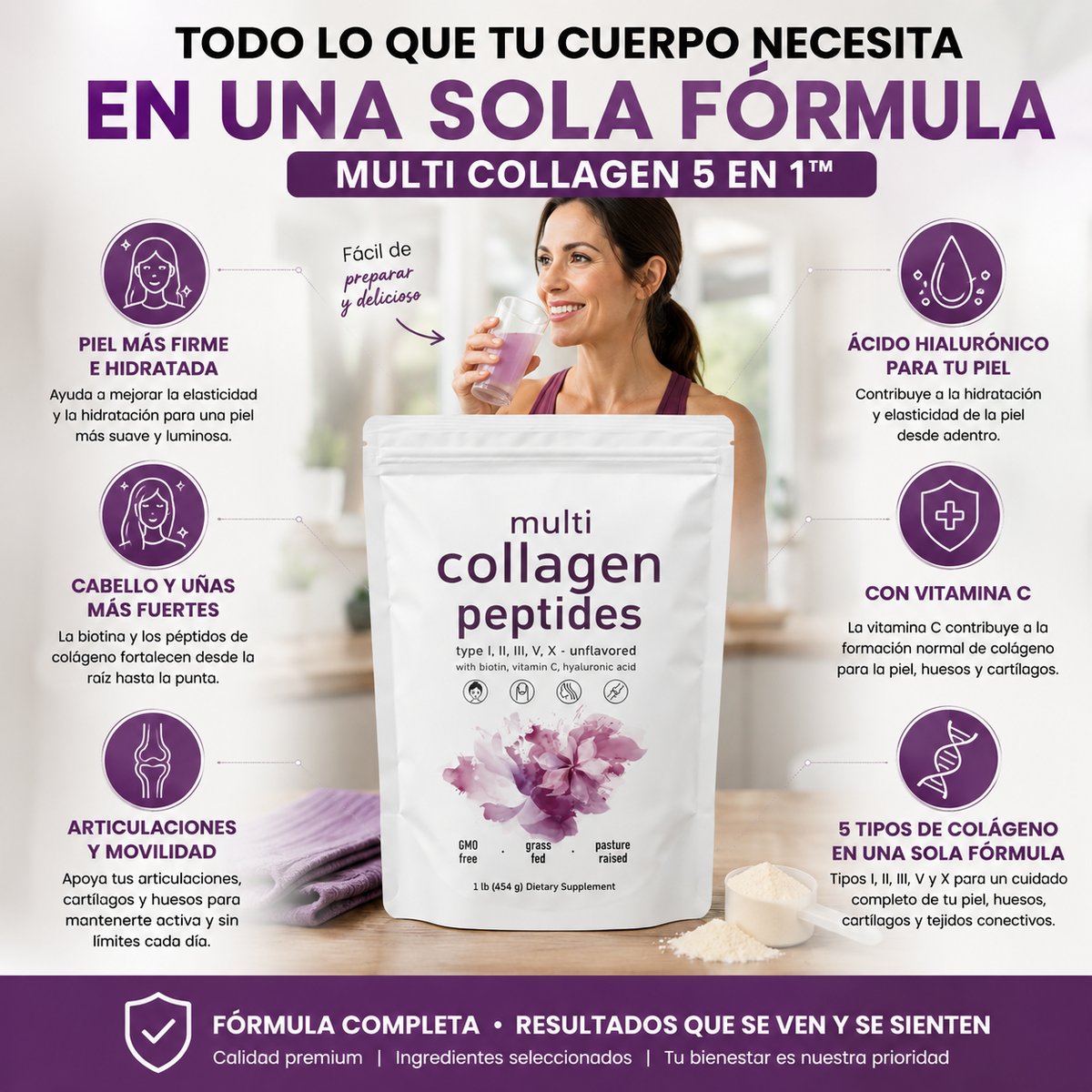 💜 MULTI COLLAGEN 5 EN 1™ Belleza & Movimiento desde adentro. Biotina + Vitamina C + Ácido Hialurónico 454gr