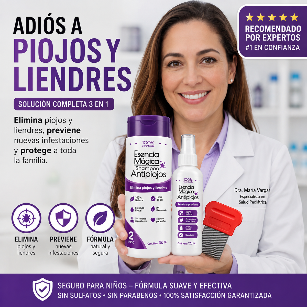 🛡️ KIT ANTIPIOJOS 3 EN 1™  Shampoo + Spray Repelente y Gratis Peine Metálico