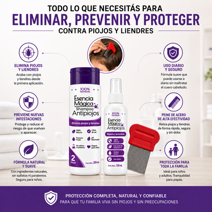 🛡️ KIT ANTIPIOJOS 3 EN 1™  Shampoo + Spray Repelente y Gratis Peine Metálico