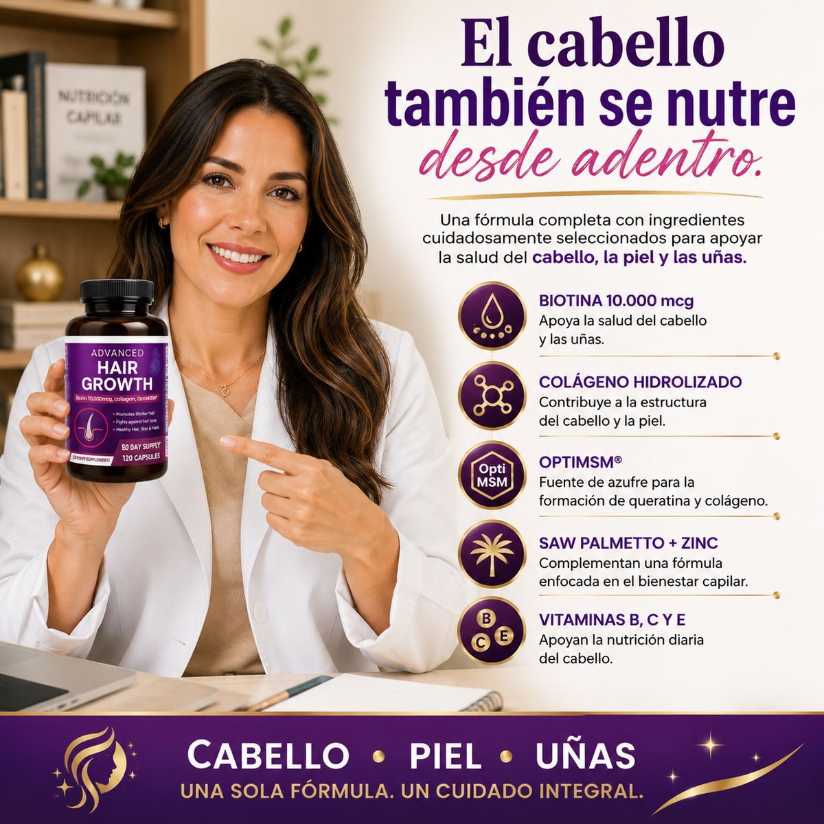Advanced Hair Growth Fórmula Avanzada para Cabello, Piel y Uñas