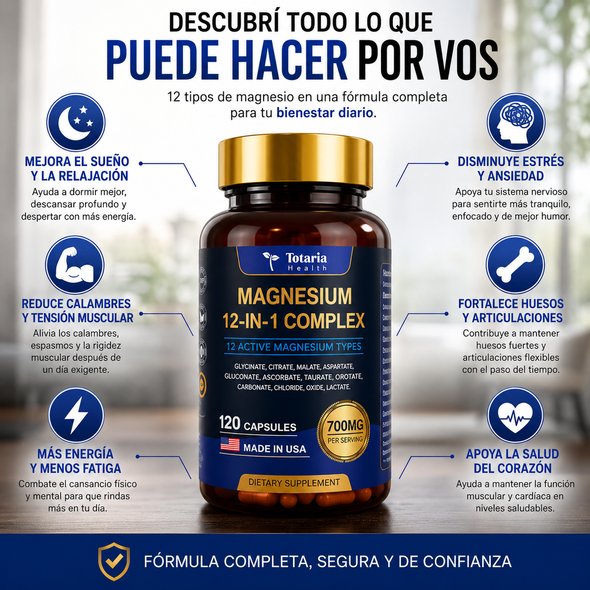 MAGNESIO COMPLEX 12 EN 1™ 12 tipos de magnesio en una fórmula completa para tu bienestar diario.