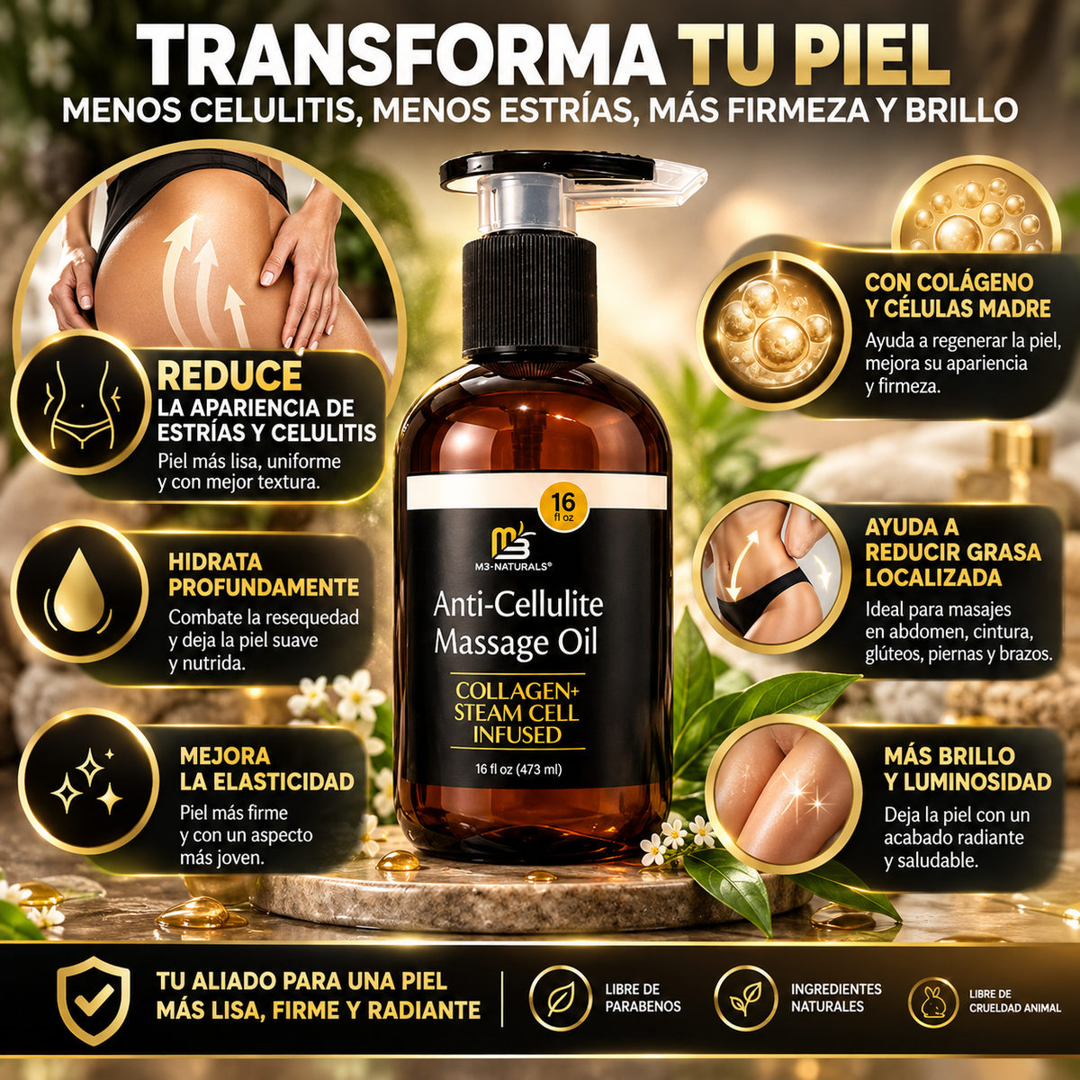 ACEITE CORPORAL ANTICELULITIS Ayuda a reducir visiblemente la apariencia de la celulitis mientras hidrata y deja tu piel más lisa, uniforme y luminosa. Con colágeno y células madre!